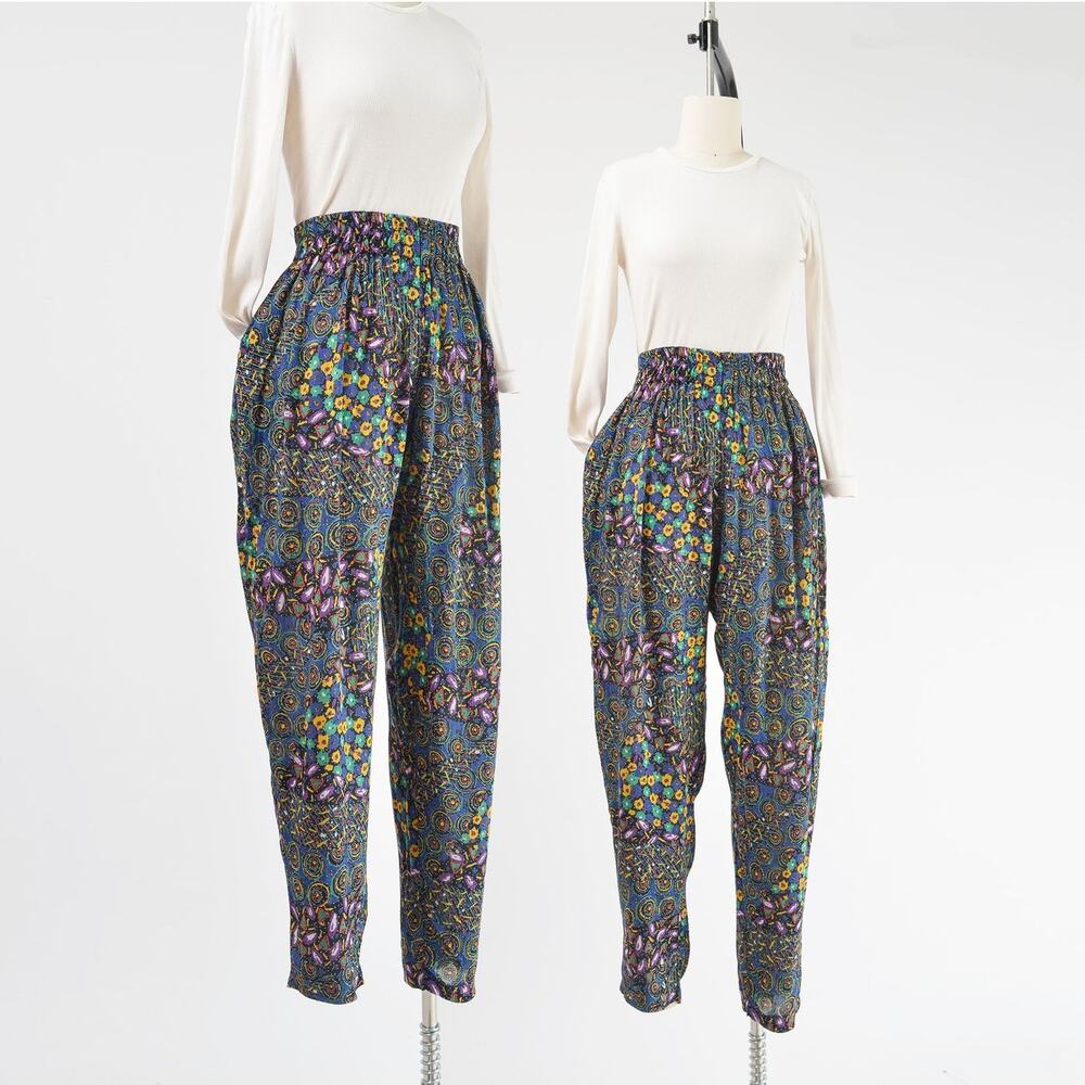 Vintage 90s Boho Abstract Print Gauze Elastic Waist Tapered Leg Pants XS S